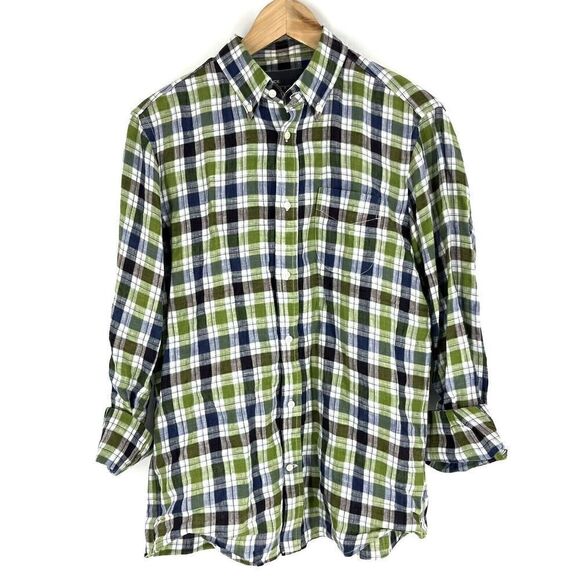 Vince Shirt Size Small Mens Green Navy Plaid Long Sleeve Button Up Linen Collar - Picture 1 of 8